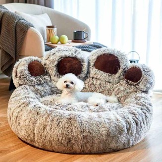 Bear Paw Calming Dog Bed Anti-Anxiety Paw Bed for Dogs Comfy Fur Donut